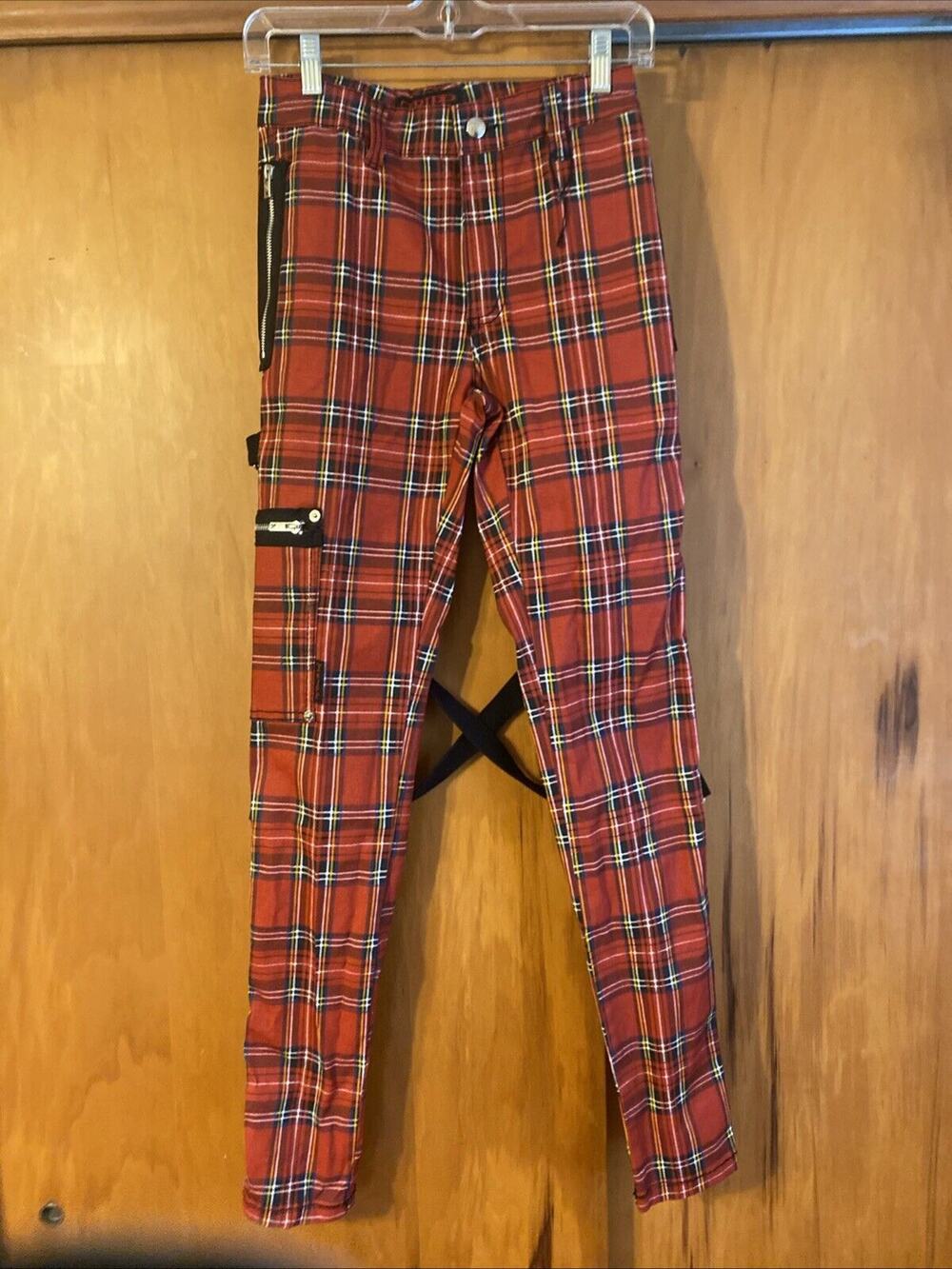 Tripp NYC Daang NWOT Red Black Plaid Pants Bondage Pants Punk Zippers Straps